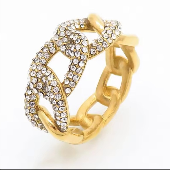 18K Gold Plated Cuban Link Pave Ring Chunky Statement Waterproof Sz 7 8 9 - Picture 3 of 4